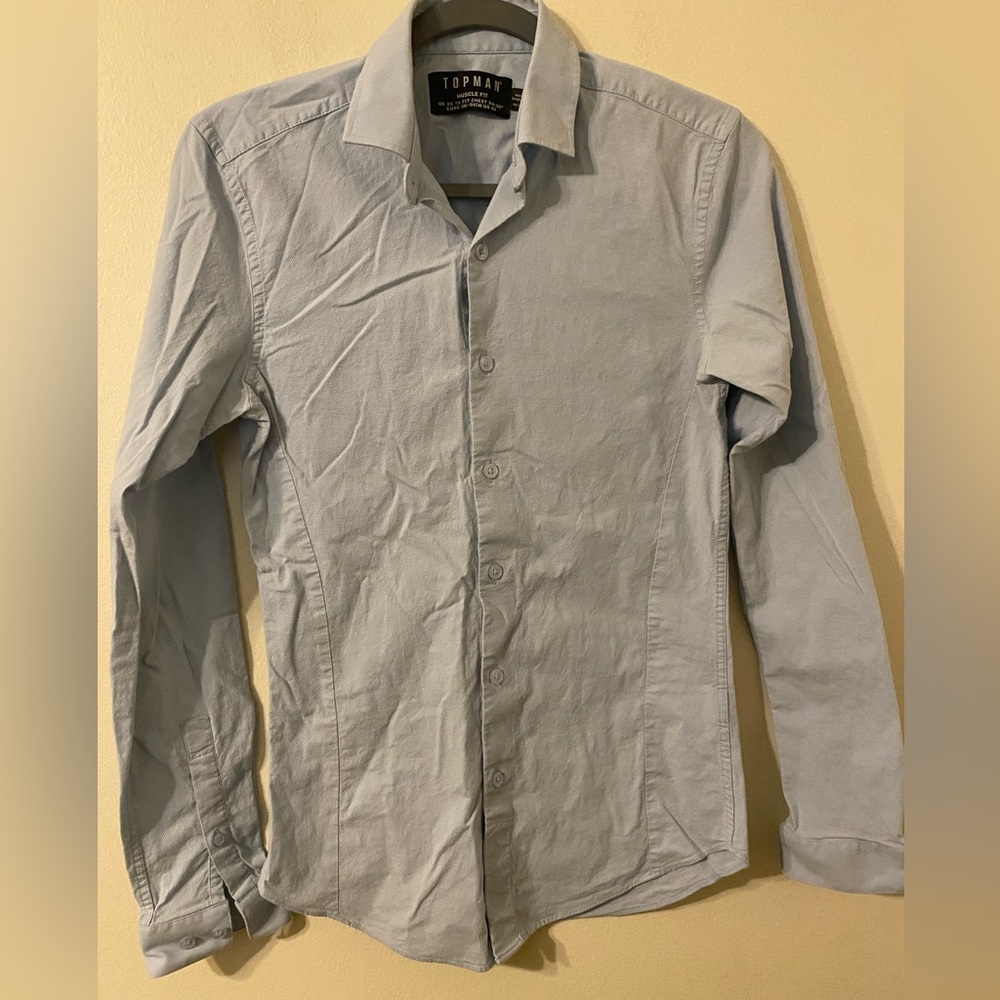 Mens Light Blue Topman Muscle Fit Button Down Long Sleeve Shirt Size XS